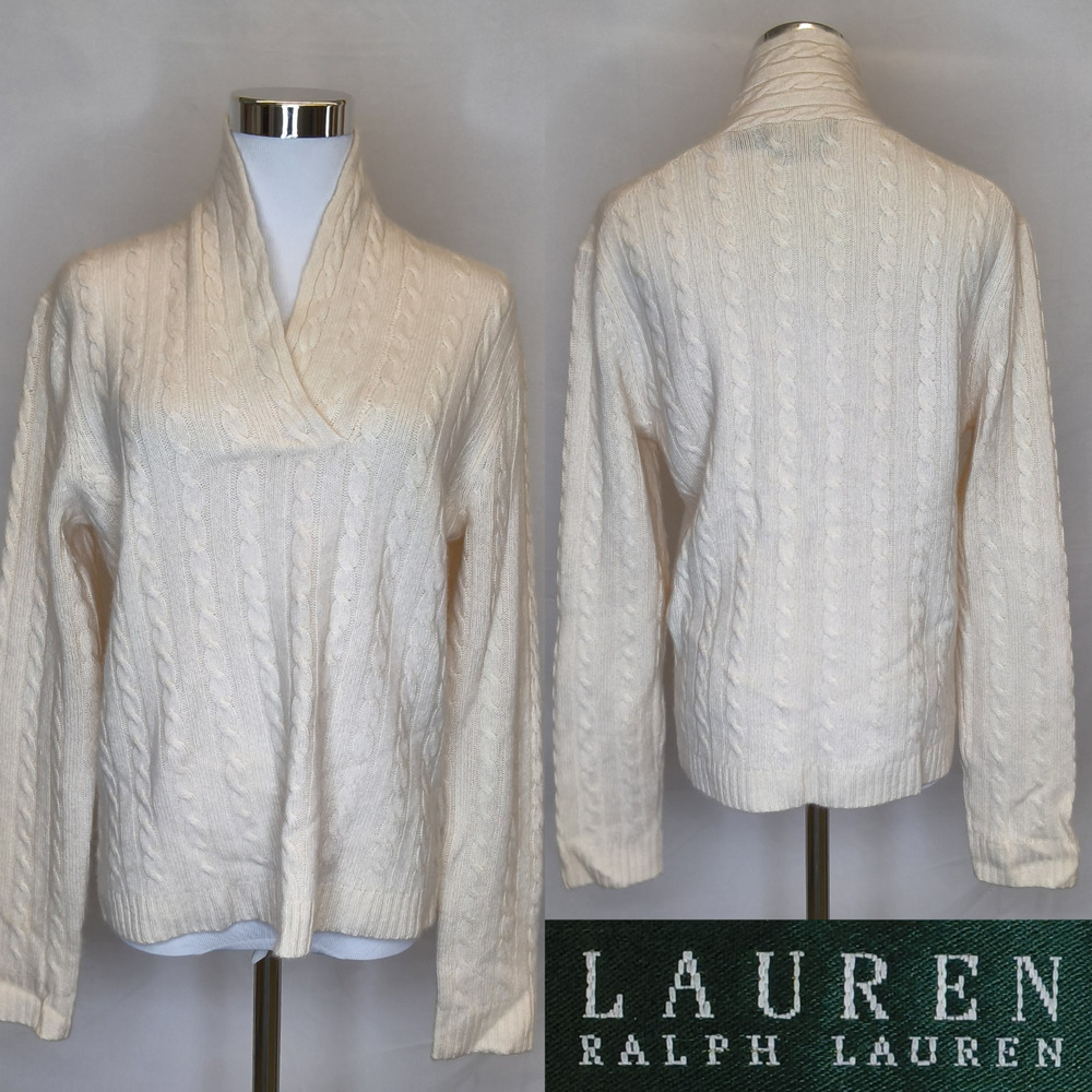 Lauren Ralph Lauren 100% Cashmere Sweater Women's L Cream Cable Knit #W5690